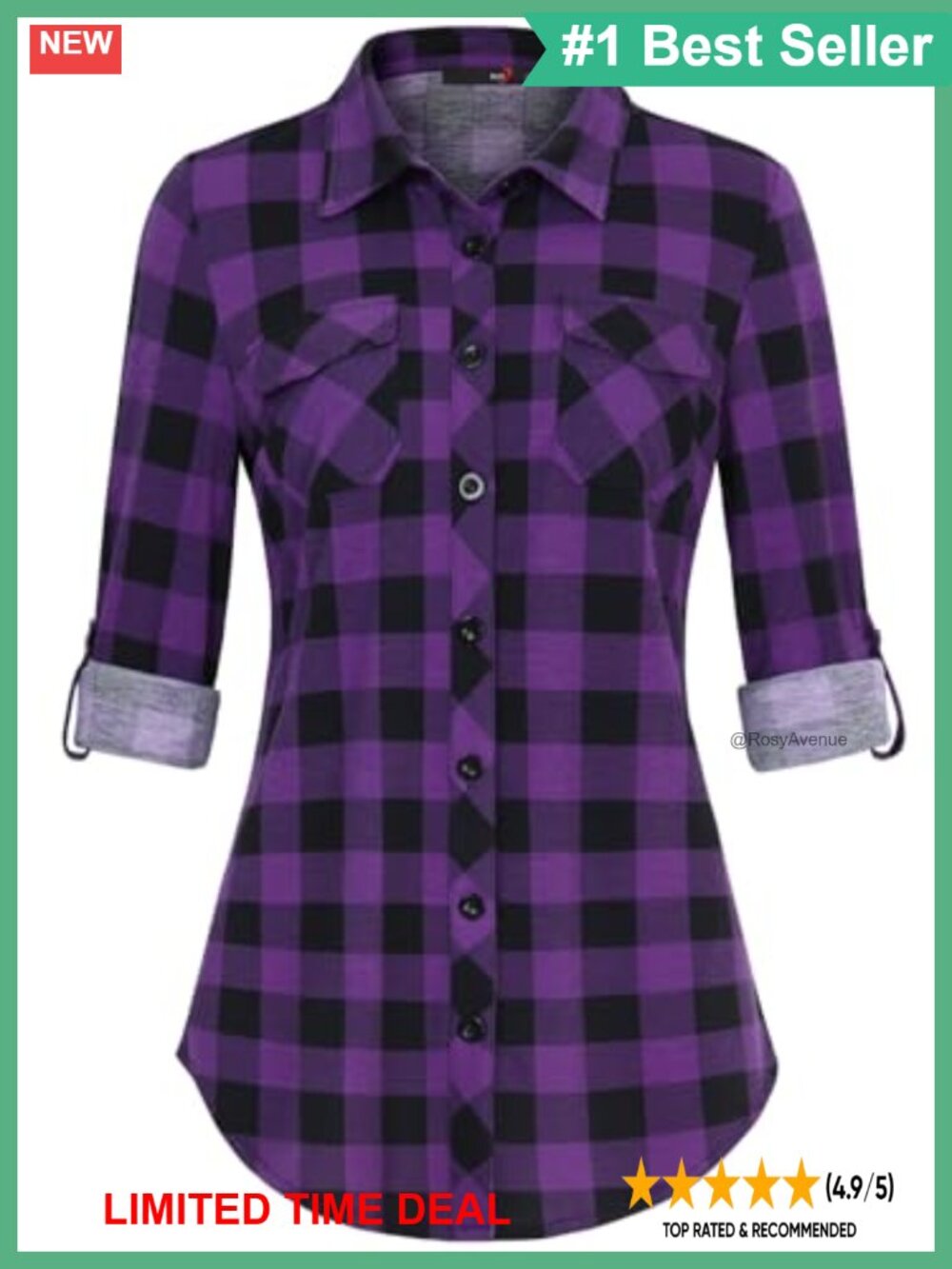Womens Soft Stretchy Knit Plaid Button Down Shirt Roll Up Sleeve